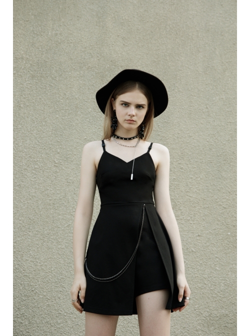 Side Metal Chain Decoration Split Hem Black Punk Sling Short Dress