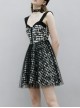 Front Metal Rivet Decoration Splice Mesh Punk Black Plaid Vest Slip Dress