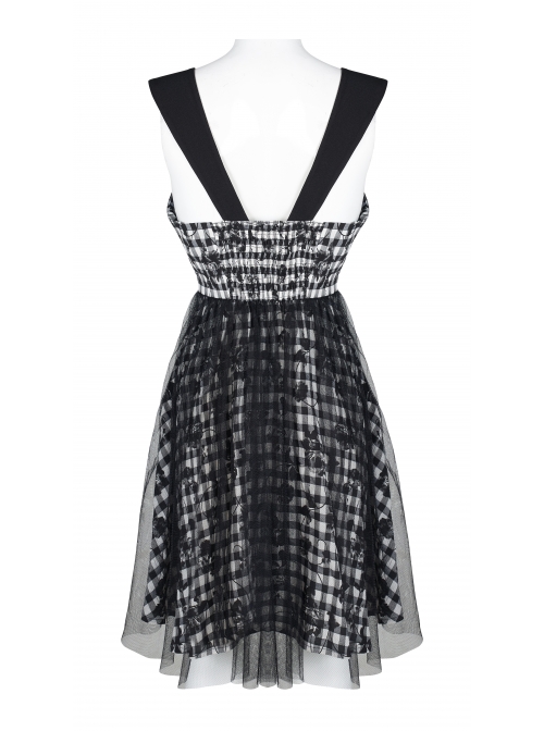 Front Metal Rivet Decoration Splice Mesh Punk Black Plaid Vest Slip Dress