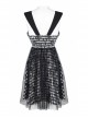 Front Metal Rivet Decoration Splice Mesh Punk Black Plaid Vest Slip Dress