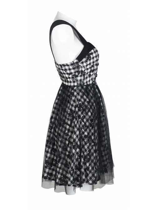 Front Metal Rivet Decoration Splice Mesh Punk Black Plaid Vest Slip Dress