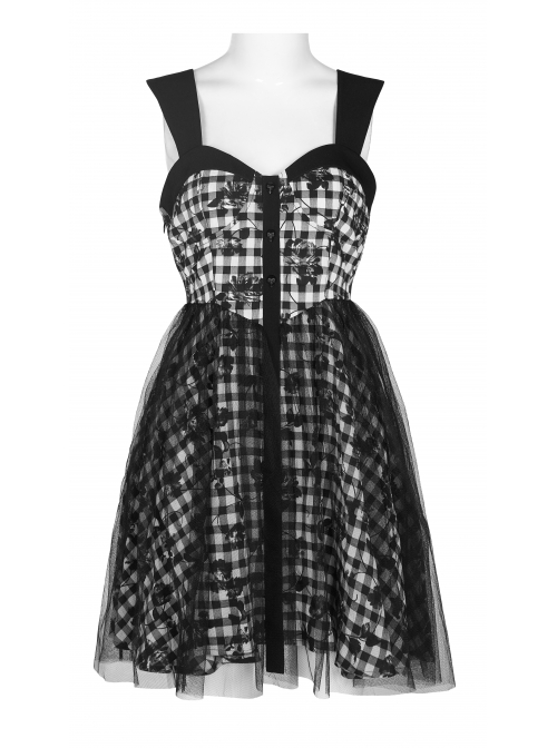 Front Metal Rivet Decoration Splice Mesh Punk Black Plaid Vest Slip Dress