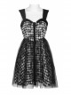 Front Metal Rivet Decoration Splice Mesh Punk Black Plaid Vest Slip Dress