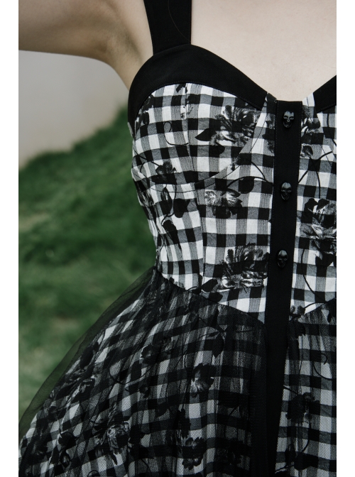 Front Metal Rivet Decoration Splice Mesh Punk Black Plaid Vest Slip Dress