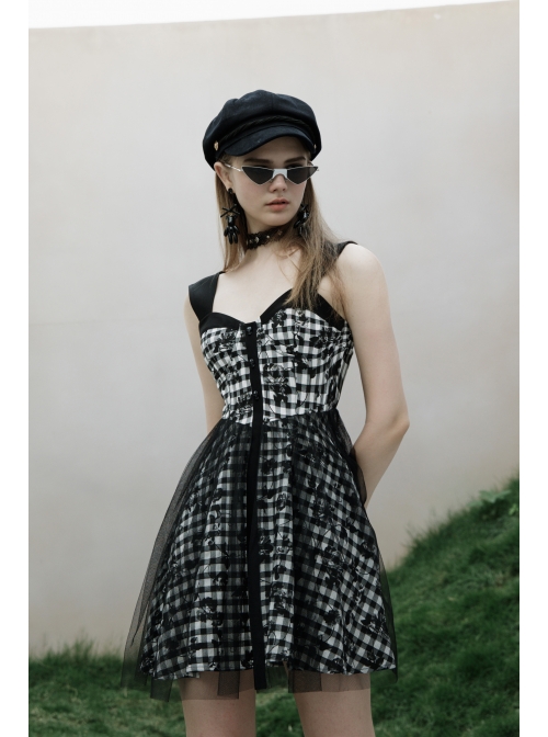 Front Metal Rivet Decoration Splice Mesh Punk Black Plaid Vest Slip Dress