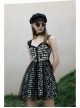 Front Metal Rivet Decoration Splice Mesh Punk Black Plaid Vest Slip Dress