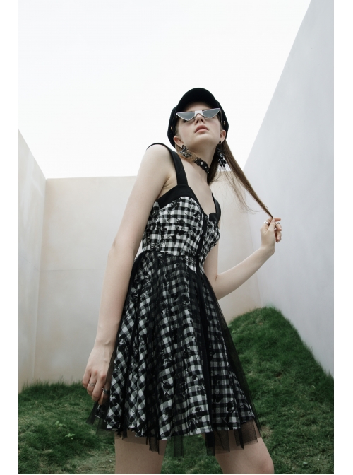 Front Metal Rivet Decoration Splice Mesh Punk Black Plaid Vest Slip Dress