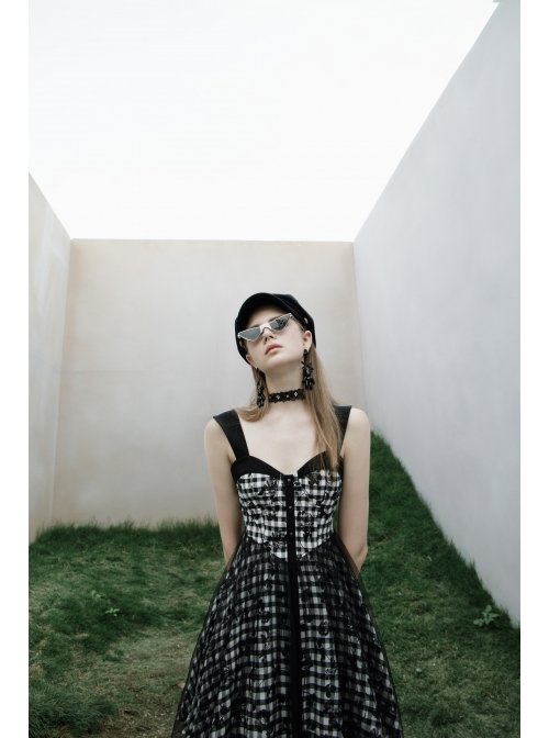 Front Metal Rivet Decoration Splice Mesh Punk Black Plaid Vest Slip Dress