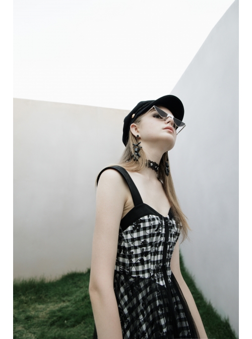 Front Metal Rivet Decoration Splice Mesh Punk Black Plaid Vest Slip Dress
