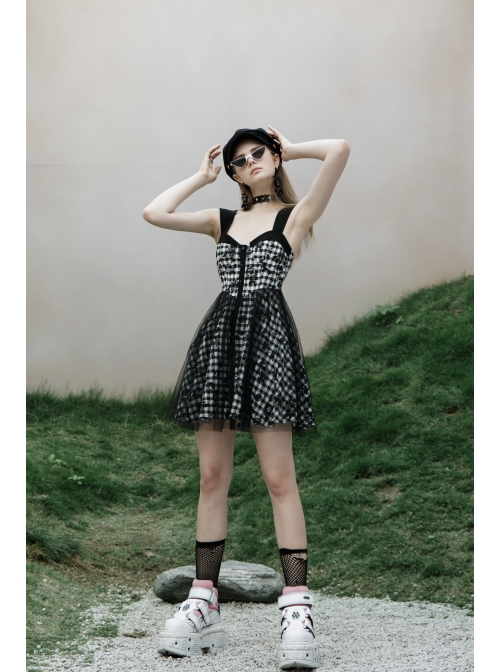 Front Metal Rivet Decoration Splice Mesh Punk Black Plaid Vest Slip Dress
