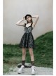 Front Metal Rivet Decoration Splice Mesh Punk Black Plaid Vest Slip Dress