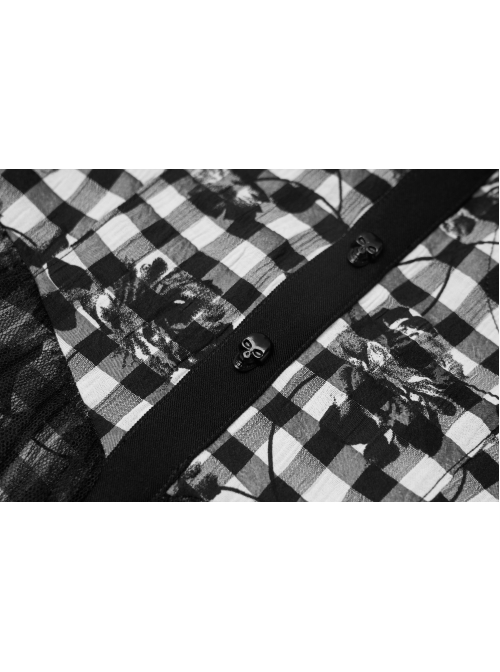 Front Metal Rivet Decoration Splice Mesh Punk Black Plaid Vest Slip Dress
