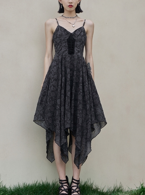 Front Lace-Up A-Shape Asymmetric Hem Black Punk Chiffon Sling Dress