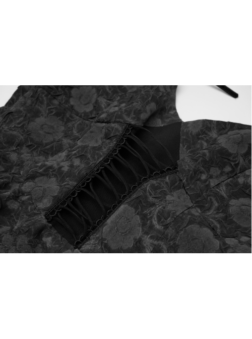 Front Lace-Up A-Shape Asymmetric Hem Black Punk Chiffon Sling Dress
