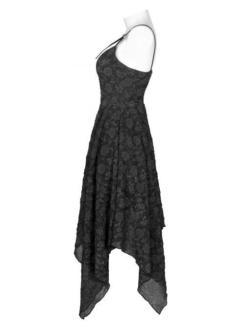 Front Lace-Up A-Shape Asymmetric Hem Black Punk Chiffon Sling Dress
