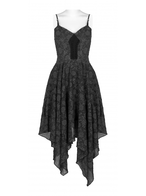 Front Lace-Up A-Shape Asymmetric Hem Black Punk Chiffon Sling Dress