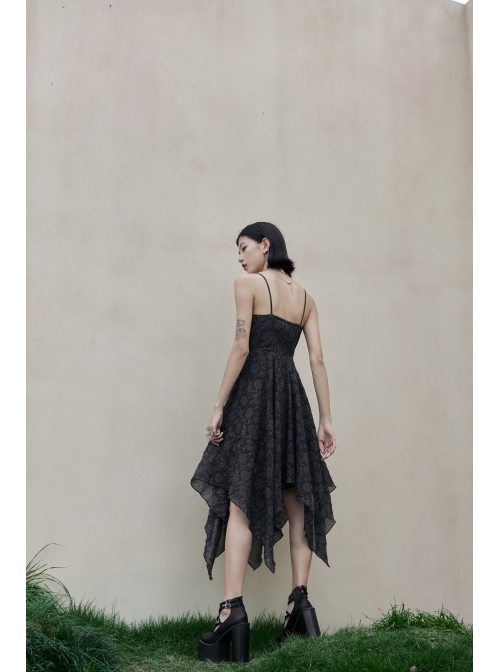 Front Lace-Up A-Shape Asymmetric Hem Black Punk Chiffon Sling Dress