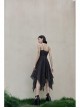Front Lace-Up A-Shape Asymmetric Hem Black Punk Chiffon Sling Dress