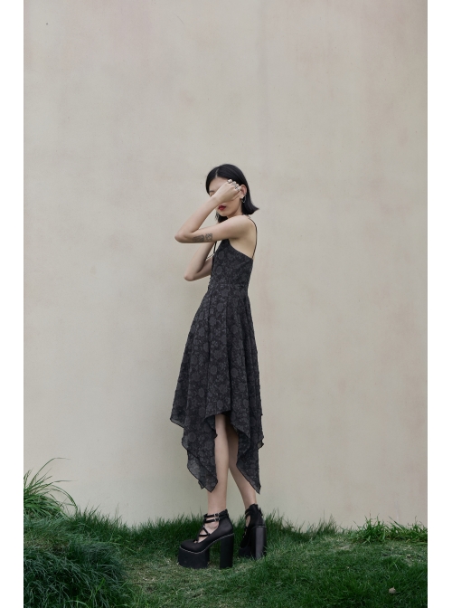 Front Lace-Up A-Shape Asymmetric Hem Black Punk Chiffon Sling Dress