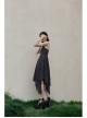 Front Lace-Up A-Shape Asymmetric Hem Black Punk Chiffon Sling Dress