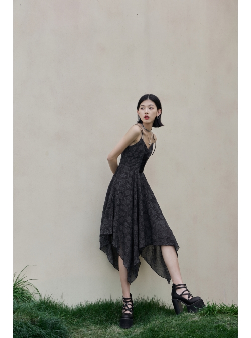 Front Lace-Up A-Shape Asymmetric Hem Black Punk Chiffon Sling Dress