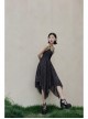 Front Lace-Up A-Shape Asymmetric Hem Black Punk Chiffon Sling Dress