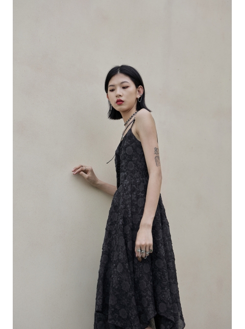 Front Lace-Up A-Shape Asymmetric Hem Black Punk Chiffon Sling Dress