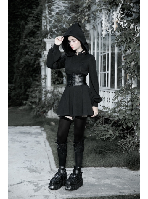 Front Lace-Up Side Metal Logo Pendant Black Punk Heating Waist Seal