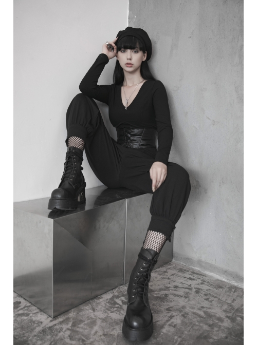 Front Lace-Up Side Metal Logo Pendant Black Punk Heating Waist Seal