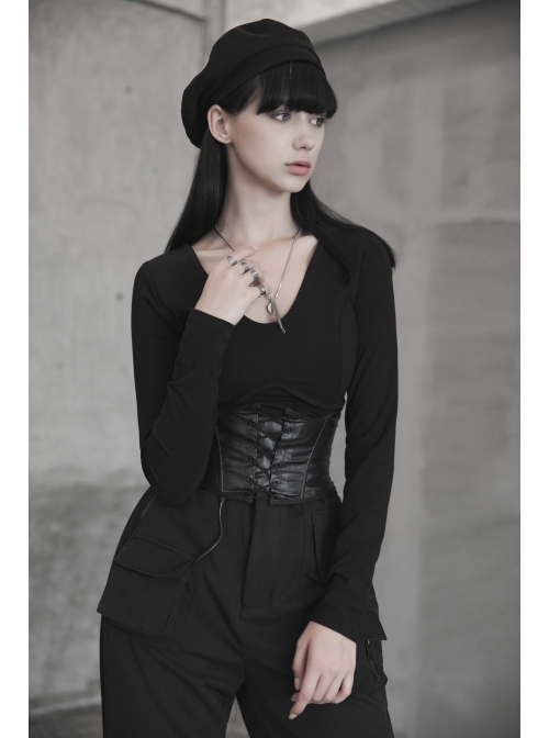Front Lace-Up Side Metal Logo Pendant Black Punk Heating Waist Seal