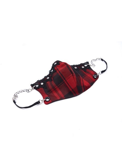 Lace Decoration Metal Chain Red Plaid Punk Mask