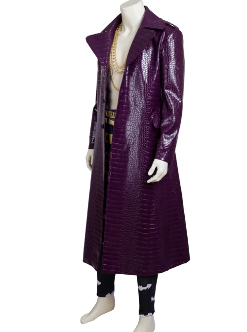 Suicide Squad The Joker Purple Leather Coat Suit Halloween Cosplay Accessories Golden Necklace