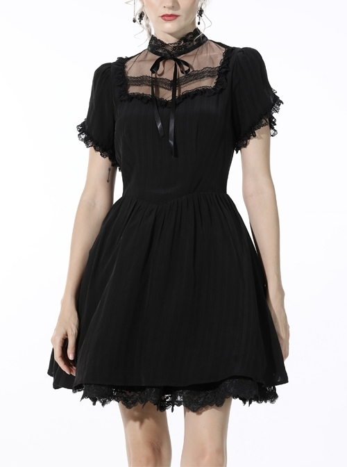Innocent Girl Gothic Lolita Bowknot Hollow Lace Puff Sleeve Vertical Soft Short Sleeves Rayon Black Dress