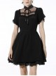 Innocent Girl Gothic Lolita Bowknot Hollow Lace Puff Sleeve Vertical Soft Short Sleeves Rayon Black Dress