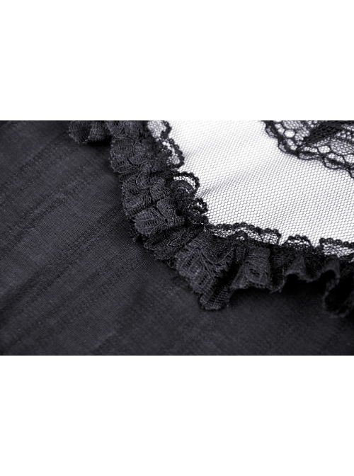 Innocent Girl Gothic Lolita Bowknot Hollow Lace Puff Sleeve Vertical Soft Short Sleeves Rayon Black Dress