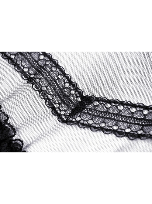 Innocent Girl Gothic Lolita Bowknot Hollow Lace Puff Sleeve Vertical Soft Short Sleeves Rayon Black Dress