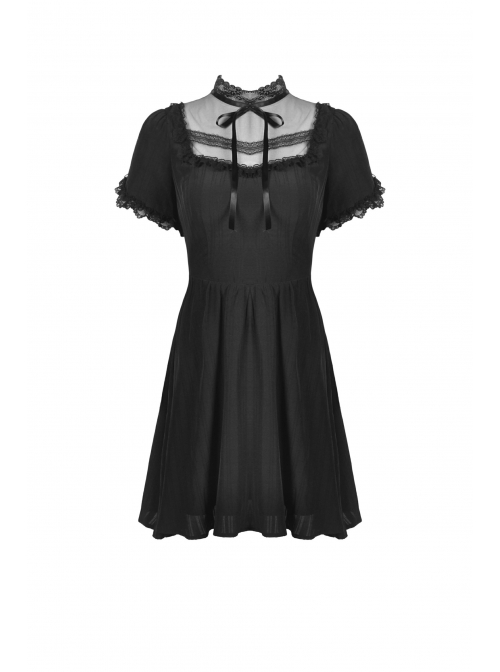 Innocent Girl Gothic Lolita Bowknot Hollow Lace Puff Sleeve Vertical Soft Short Sleeves Rayon Black Dress