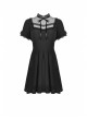 Innocent Girl Gothic Lolita Bowknot Hollow Lace Puff Sleeve Vertical Soft Short Sleeves Rayon Black Dress