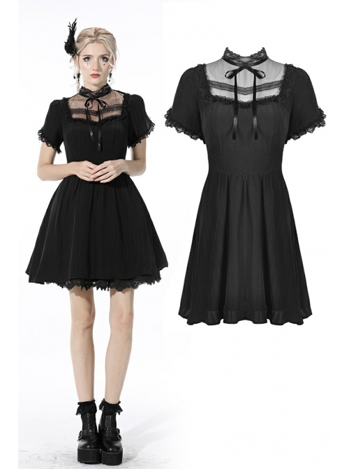 Innocent Girl Gothic Lolita Bowknot Hollow Lace Puff Sleeve Vertical Soft Short Sleeves Rayon Black Dress
