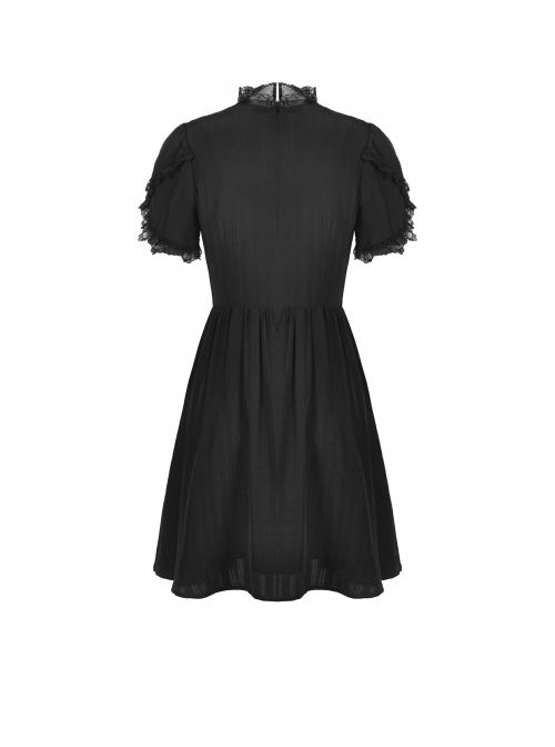 Innocent Girl Gothic Lolita Bowknot Hollow Lace Puff Sleeve Vertical Soft Short Sleeves Rayon Black Dress
