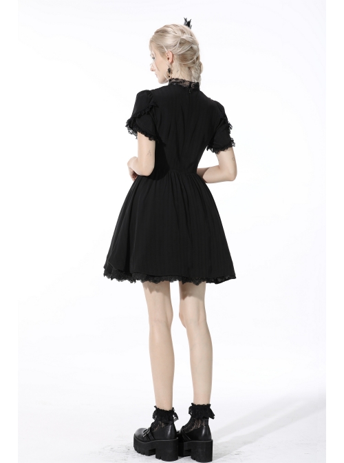 Innocent Girl Gothic Lolita Bowknot Hollow Lace Puff Sleeve Vertical Soft Short Sleeves Rayon Black Dress