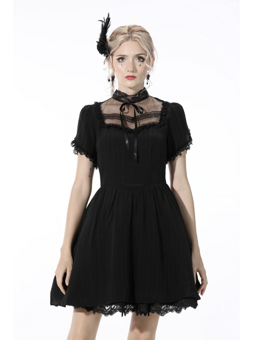 Innocent Girl Gothic Lolita Bowknot Hollow Lace Puff Sleeve Vertical Soft Short Sleeves Rayon Black Dress
