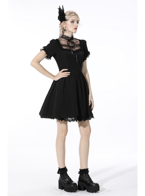 Innocent Girl Gothic Lolita Bowknot Hollow Lace Puff Sleeve Vertical Soft Short Sleeves Rayon Black Dress - Magic Wardrobes Innocent Girl Gothic Lolita Bowknot Hollow Lace Puff Sleeve Vertical Soft Short Sleeves Rayon Black Dress - Magic Wardrobes