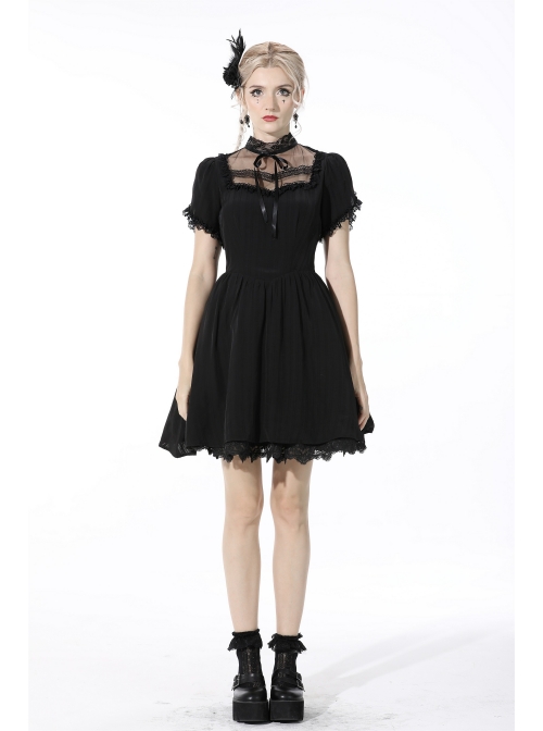 Innocent Girl Gothic Lolita Bowknot Hollow Lace Puff Sleeve Vertical Soft Short Sleeves Rayon Black Dress
