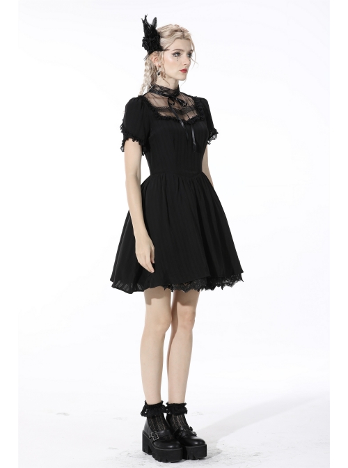 Innocent Girl Gothic Lolita Bowknot Hollow Lace Puff Sleeve Vertical Soft Short Sleeves Rayon Black Dress