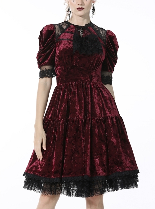 Gothic Velvet Hollow Lace Self-Cultivation Multi-Level Dead Wine Polyester Frilly Neck Dress