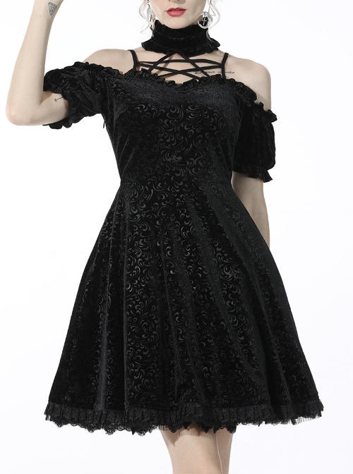 Gothic Black Velvet Hollow Lace Pattern Cross Sexy Self-Cultivation Polyester Star Magic Princess Printed Velvet Dress