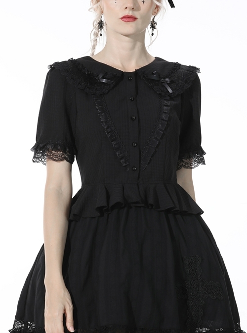 Gothic Lace Buttons Symmetrical Slim Fit Black Lolita Doll Collar Vertical Chiffon Blouse