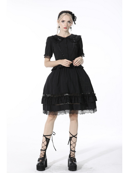 Gothic Lace Buttons Symmetrical Slim Fit Black Lolita Doll Collar Vertical Chiffon Blouse