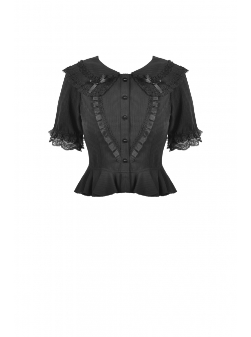 Gothic Lace Buttons Symmetrical Slim Fit Black Lolita Doll Collar Vertical Chiffon Blouse